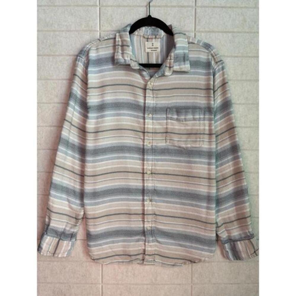 Mutual‎ Weave Striped Earth Tone Cotton Blend Button Down Shirt Mens Large
